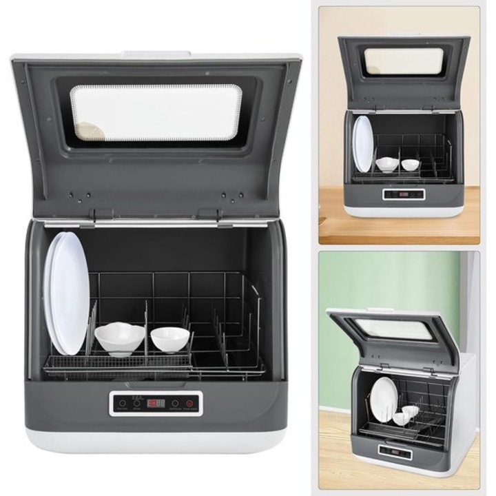 Masina de spalat vase de blat Corenia QRE-1016950, compacta, capacitate 4–6 seturi (12–20 piese), 800 W, touch control, programe 30/40/50 min, geam flip-top, gri/alb, 45 x 40 x 44,8 cm