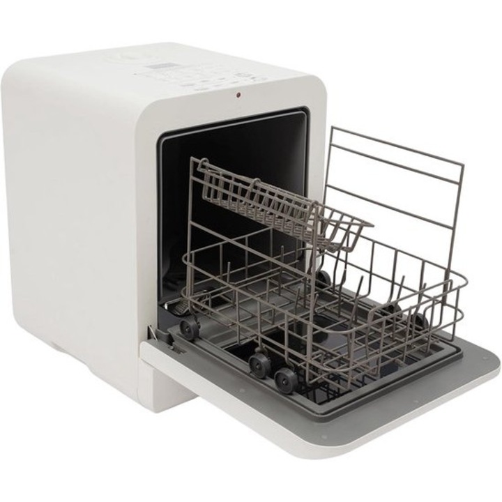 Masina de spalat vase compacta Corenia QRE-1017689, 3 programe, uscare cu aer cald si dezinfectare, consum 4 L/ciclu, fara instalare (portabil), alb/negru, 36 x 34.4 x 43.5 cm