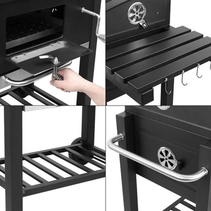 Gratar pe carbuni Corenia QRE-1018097, 2 gratare + raft mentinere, suprafata totala 578 cm², sertar pentru carbuni reglabil, 4 ventilatii reglabile, termometru, tava pentru cenusa, roti, polita laterala cu carlige, negru, 113 x 53.5 x 100 cm