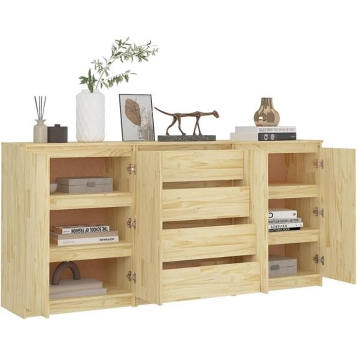 Set de 3 dulapuri din lemn masiv de pin Corenia QRE-1019323, 2 cu usi si rafturi si 1 cu 4 sertare, natural, 180 x 36 x 84 cm