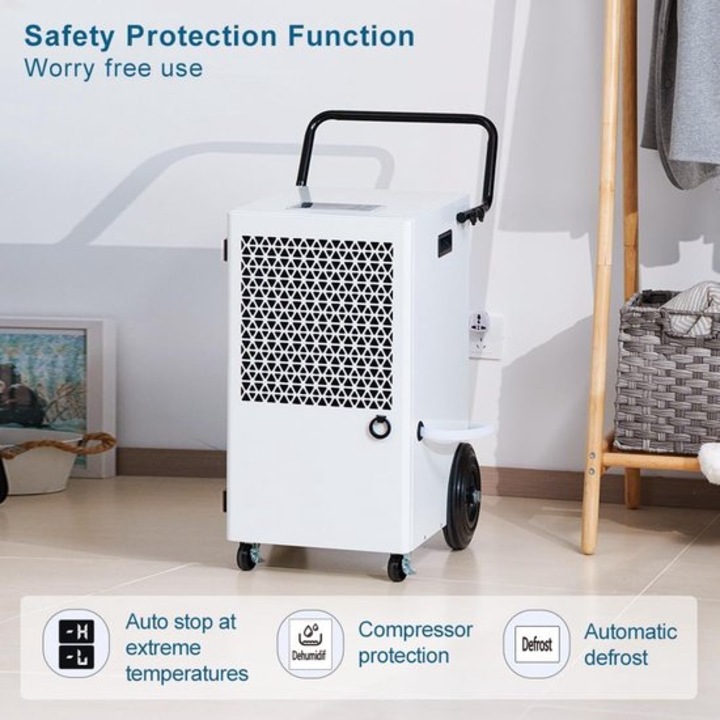 Dezumidificator de aer Corenia QRE-1018518, 120 L/zi, pompa de drenaj integrata 5 m, timer 24 h, portabil cu roti, pentru pana la 300 m², alb