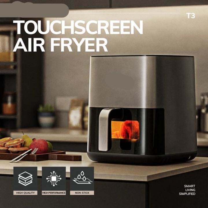 Friteuza cu aer cald Corenia QRE-1019078, 5 L, touchscreen, cos antiaderent, fereastra de vizualizare, gri deschis