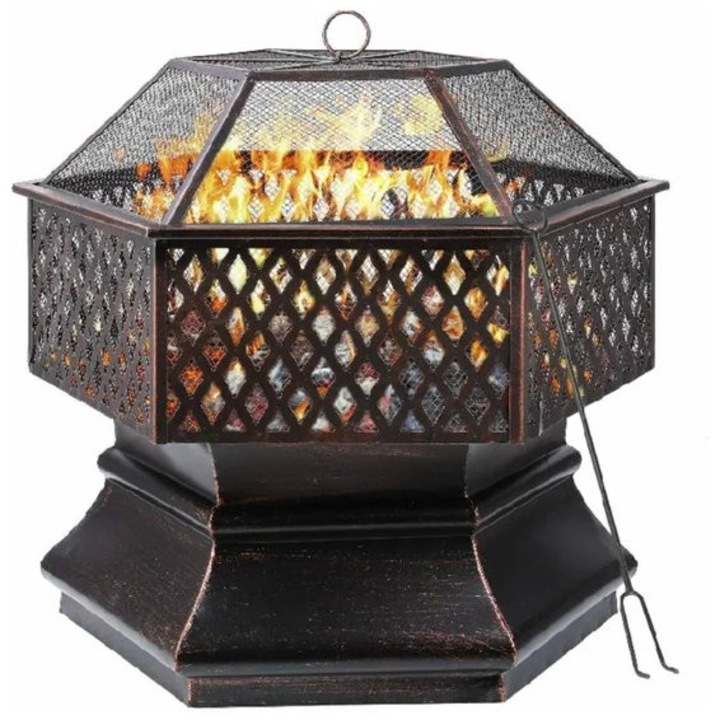 Focar de gradina si gratar Corenia QRE-1019611, hexagonal, otel rezistent la rugina cu gratar 69x69 cm si plasa antipara, negru, 66x66x63 cm