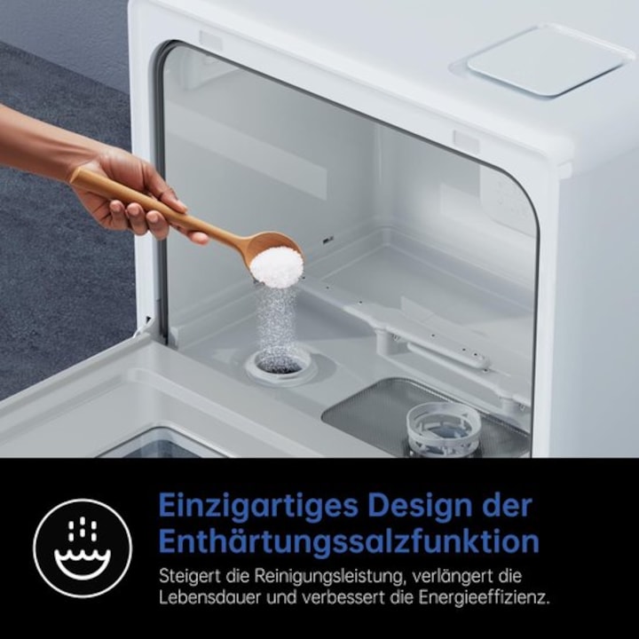 Masina de spalat vase compacta de blat Corenia QRE-1019498, capacitate 5–6 seturi (pana la 40 piese), rezervor 5 L, sistem dedurizare, 7+2 programe, 75°C, clasa E, alb