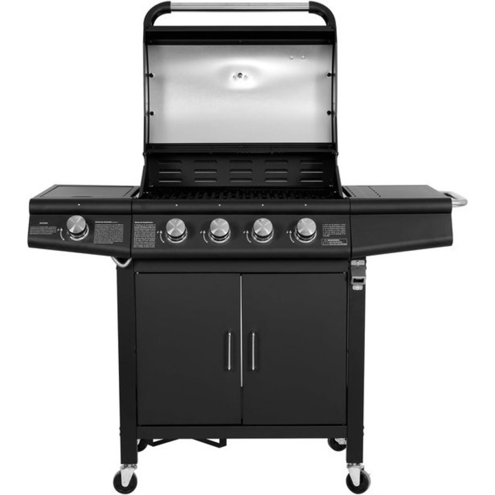 Gratar pe gaz Corenia QRE-1019944, 4+1 arzatoare din otel inoxidabil, suprafata de gatit 61 x 42 cm, capac cu termometru, rafturi laterale si suport butelie, negru, 135 x 114 x 54 cm