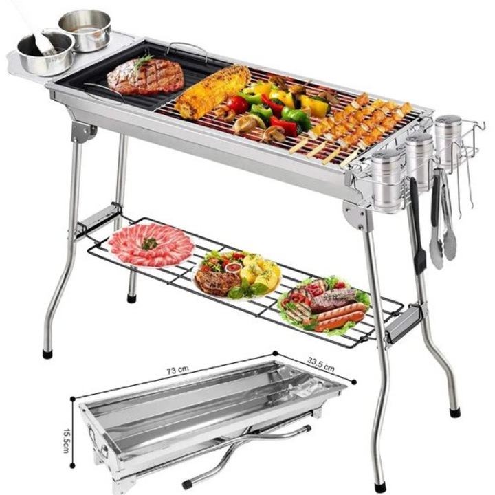 Gratar pe carbuni Corenia QRE-1020654, inox 430, pliabil si portabil, pentru 5–10 persoane, cu doua gratare si tava antiaderenta, argintiu, 100 x 33.5 x 70 cm