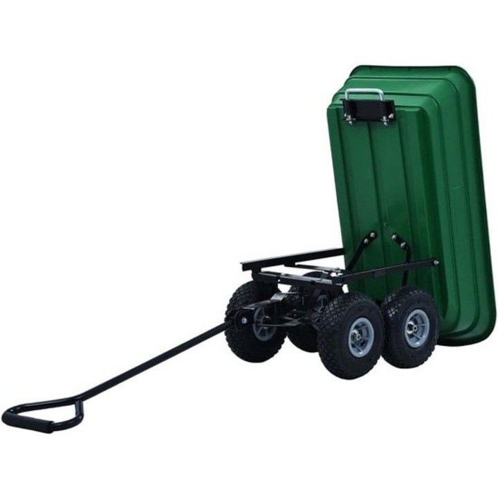 Carucior basculant de gradina Corenia QRE-1020867, 75 L, capacitate 300 kg, cuva poliester, cadru otel, roti pneumatice, verde