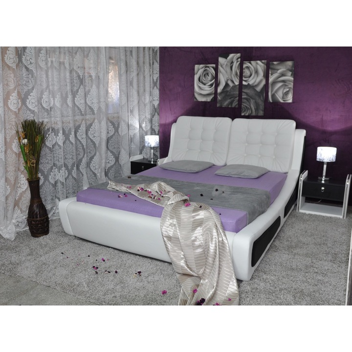 Pat tapitat cu tetiere Figaro, alb/negru 180x200 cm