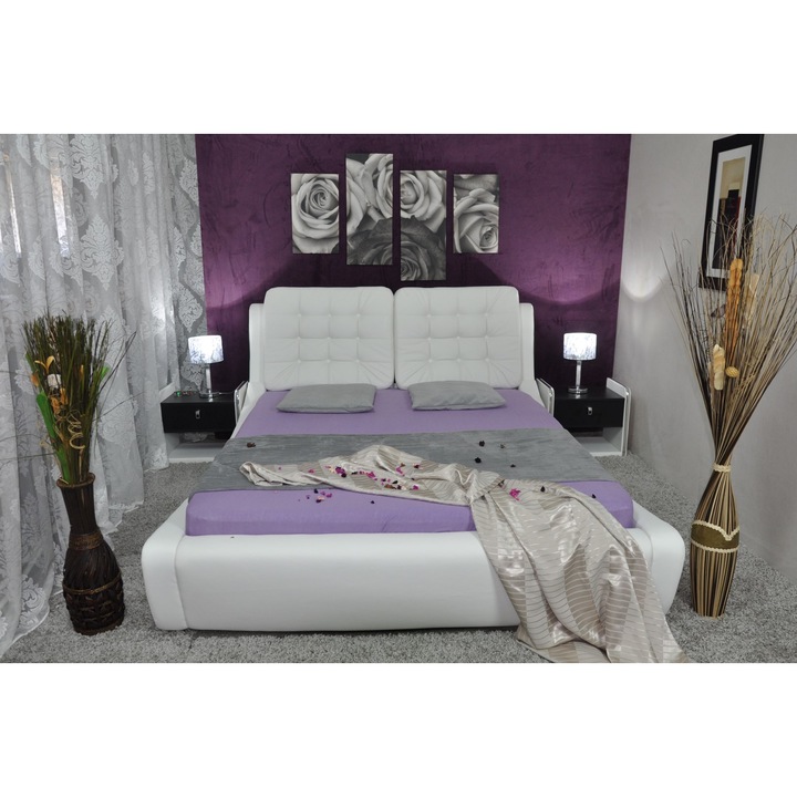 Pat tapitat cu tetiere Figaro, alb/negru 160x200 cm