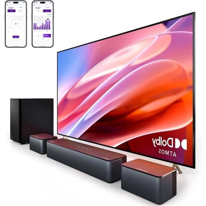 Soundbar Corenia QRE-901112 5.1 Dolby Atmos, subwoofer wireless, 2 boxe surround cu cablu 6 m, HDMI-eARC, negru