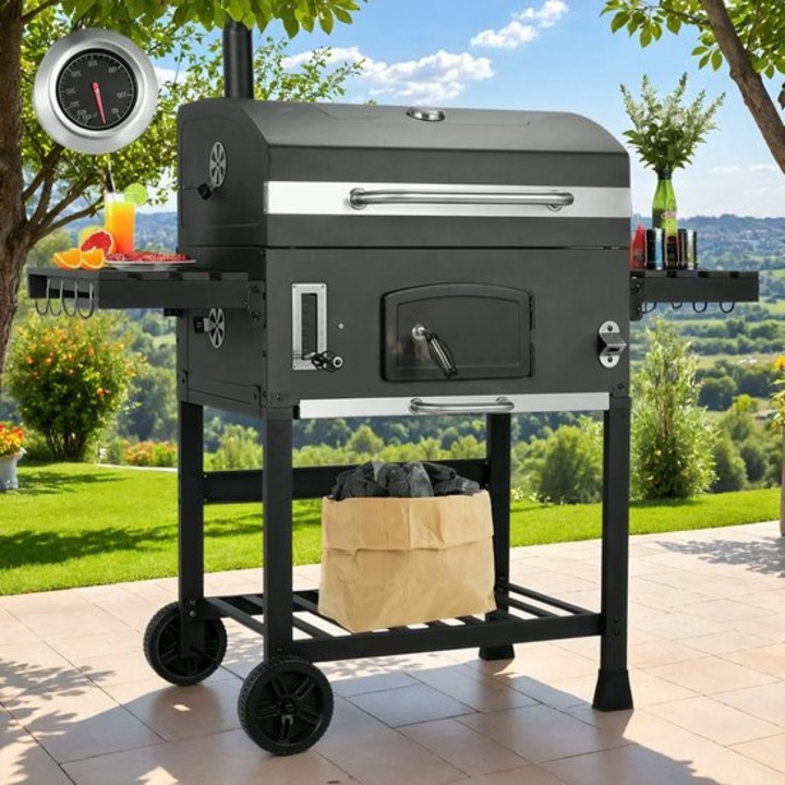 Gratar pe carbune Corenia QRE-1021239, trolley extra mare cu 2 gratare 70 x 47 cm, termometru incorporat, 4 ventilatoare reglabile, mese laterale pliabile, roti, negru