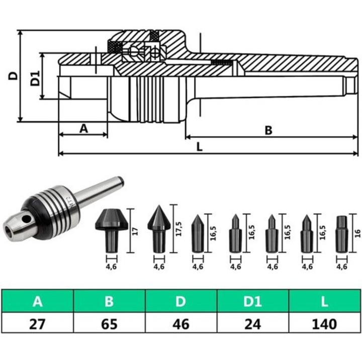 Centru viu pentru strung Corenia QRE-1022017, set cu 7 capete interschimbabile, otel 40Cr rezistent la temperatura, capacitate 200 kg, 3.000 rpm, diametru centru 46 mm, argintiu