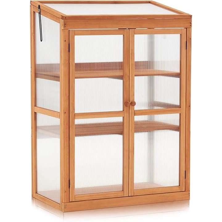 Sera de gradina Corenia QRE-1022660, mini sera din lemn de pin cu panouri din policarbonat transparente, acoperis reglabil, 2 polite reglabile, portocaliu
