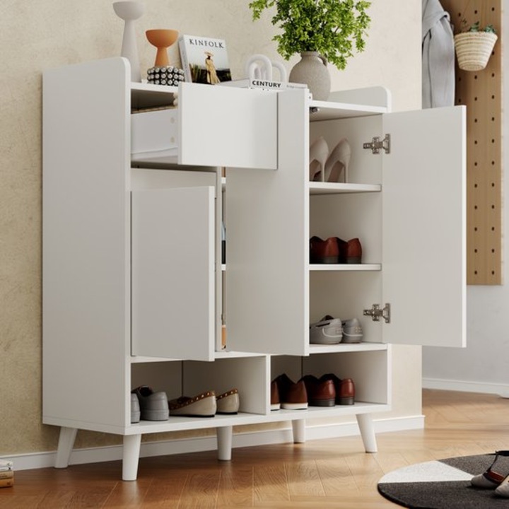 Dulap de depozitare Corenia QRE-1023451, 5 sertare, rafturi reglabile, din bambus durabil, alb, 99 x 90 x 35 cm