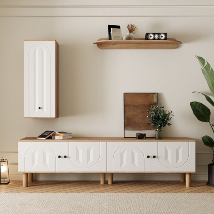 Mobilier TV Corenia QRE-1023909, set 3 piese (comoda TV, dulap cu usi, polita de perete), montaj pe perete, alb cu detalii culoare lemn