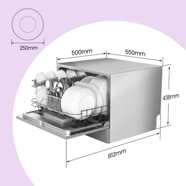 Masina de spalat vase compacta pe blat Corenia QRE-1023936, 6 seturi tacamuri, 6 programe, pornire intarziata 1–24h, ECO, Clasa F, argintiu, dim. 55 x 50 x 43,8 cm