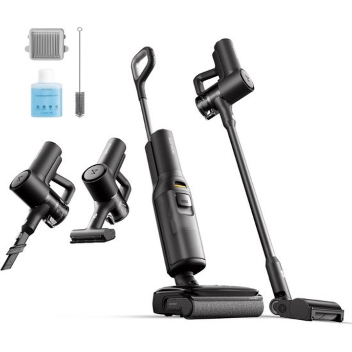 Aspirator vertical fara fir Corenia QRE-1023996, 5-in-1 (aspirare + mop + perie pentru covoare + perie mobilier + duza pentru crapaturi), 20.000 Pa, auto-curatare 90°C, 180° rotativ, autonomie pana la 60 min, negru