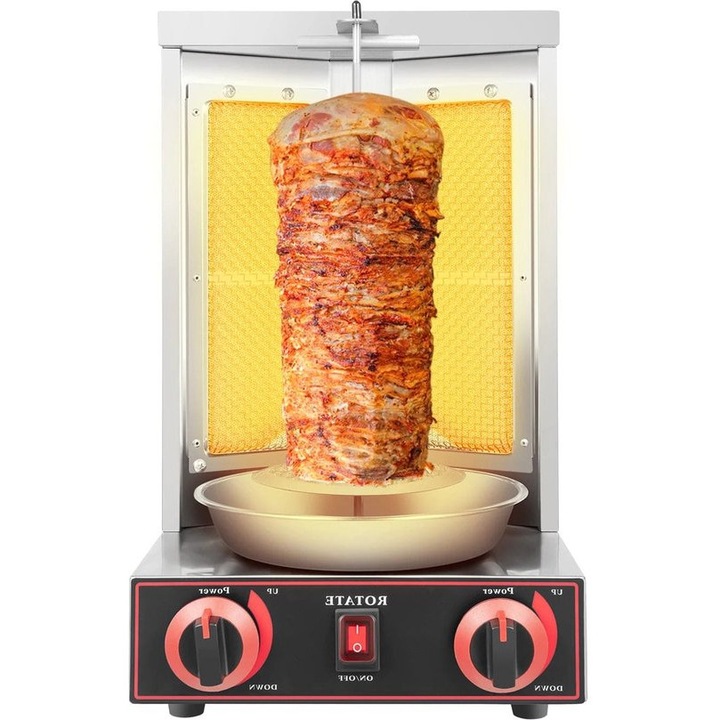 Grill doner kebab pe gaz Corenia QRE-1024198, capacitate 12 kg, 3000 W, 2 arzatoare, rotire 360°, otel inoxidabil, argintiu-negru