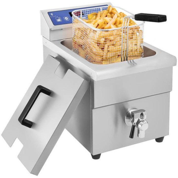 Friteuza cu inductie Corenia QRE-1024835, 10 L (max ulei 5,5 L), 3500 W, 60–190°C, robinet de scurgere si afisaj touch, include cos si tava perforata, inox, 39 x 28,5 x 41 cm