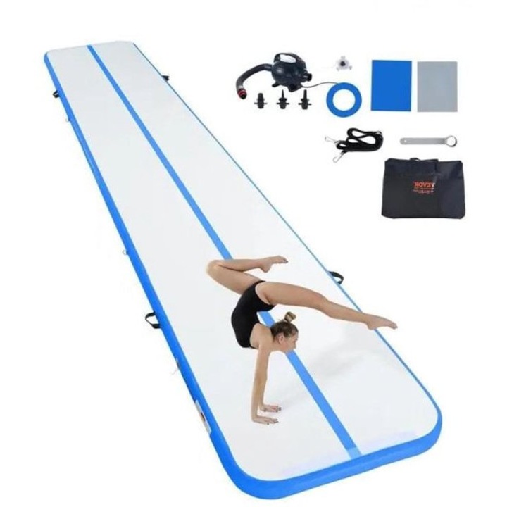 Saltea airtrack de gimnastica Corenia TT-M-20-B, gonflabila, grosime 10 cm (4 inch), cu pompa electrica inclusa, albastru, 598 x 101 x 10 cm
