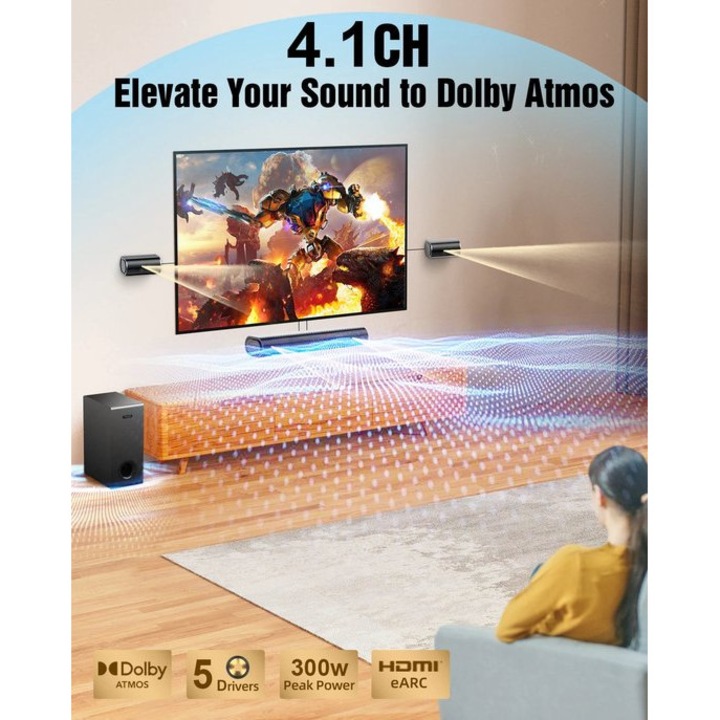 Soundbar Corenia QRE-1025496, 4.1CH Dolby Atmos, 300 W peak, 5 difuzoare aluminiu-magneziu, subwoofer 13,3 cm (5,25"), HDMI eARC, Bluetooth 5.3, negru