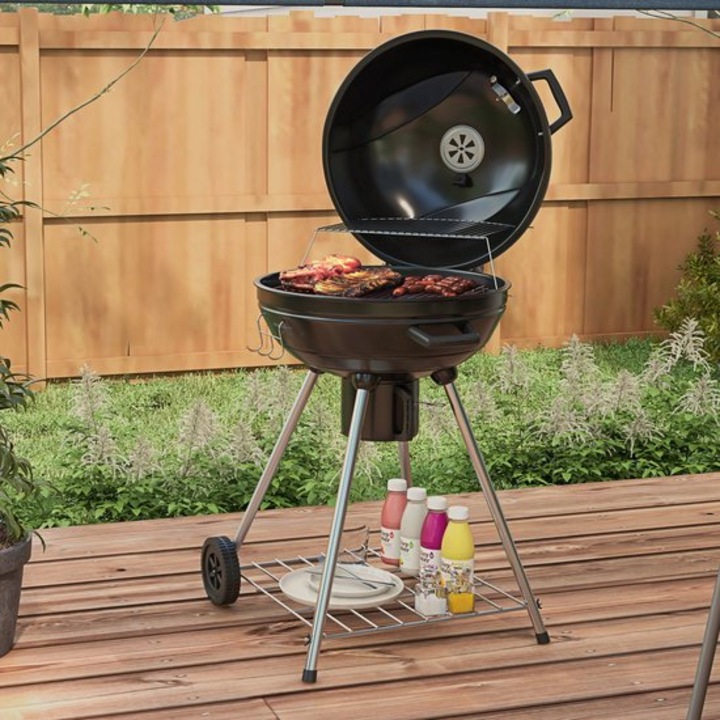 Gratar cu carbuni Corenia QRE-1024406, tip kettle (ball), suprafata gratar 54 cm, termometru incorporat, raft pentru mentinere la cald, tava pentru cenusa si polita depozitare, negru, 55 x 65 x 89 cm