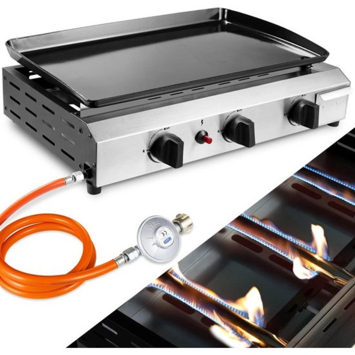 Gratar pe gaz Corenia QRE-1024473, 3 arzatoare inox, plita din fonta 57x36 cm cu strat ceramic antiaderent, picioare pliabile, include regulator si furtun, inox/negru