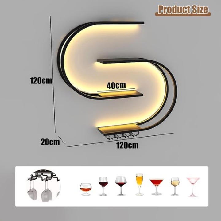 Suport de perete pentru sticle de vin Corenia QRE-1024487, 4 niveluri, metal vopsit mat cu suport pentru pahare, negru mat, latime 120 cm