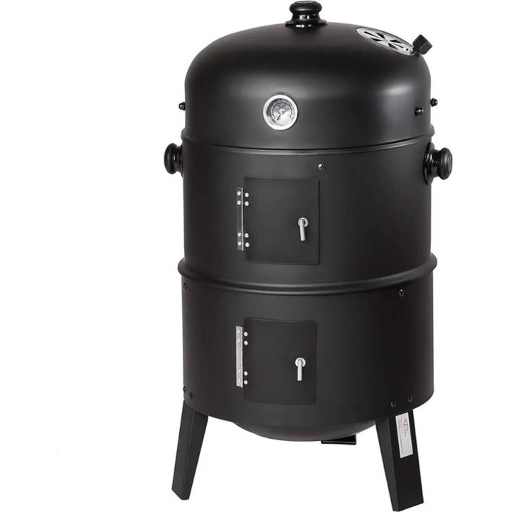 Gratar smoker 3-in-1 Corenia QRE-1024607, grill/afumare/aburire cu 2 nivele, termometru integrat, negru, O41 x 78 cm