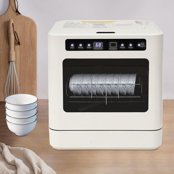 Masina de spalat vase compacta de blat Corenia QRE-1024434, 4 programe (Eco/Strong/Rapid/Fruit), 72°C, uscare cu aer cald, touchscreen, 6–8 seturi, 43 x 39 x 46 cm, 800 W, alb-crem