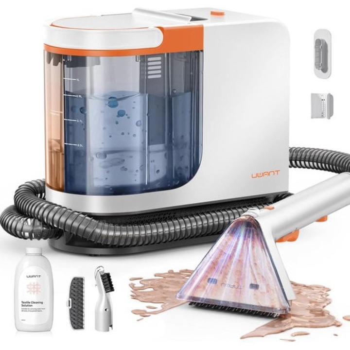 Curatator tapiterie si covoare Corenia QRE-1025694, 12.000 Pa, perie 14 cm, silentios 69 dB, 3,5 kg, alb/oranj