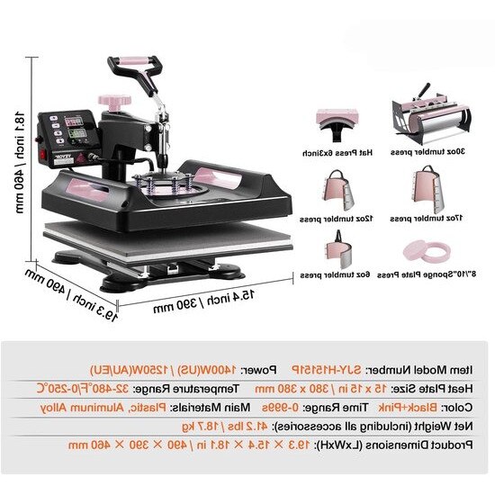 Presa termica Corenia 8-in-1 QRE-1025975, placa 12 x 15 inch, brat rotativ 360°, sertar glisant, display digital 0-250°C, suporturi cani 6/12/17/30oz, roz/albastru