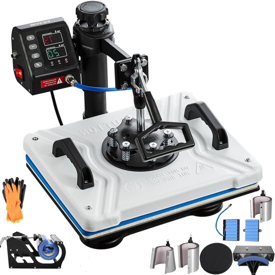 Presa termica Corenia QRE-1025989, 10-in-1 pentru tricouri, cani, sepci si pixuri, placa 30x38 cm, 1000W, 220V, swing-away, negru/albastru