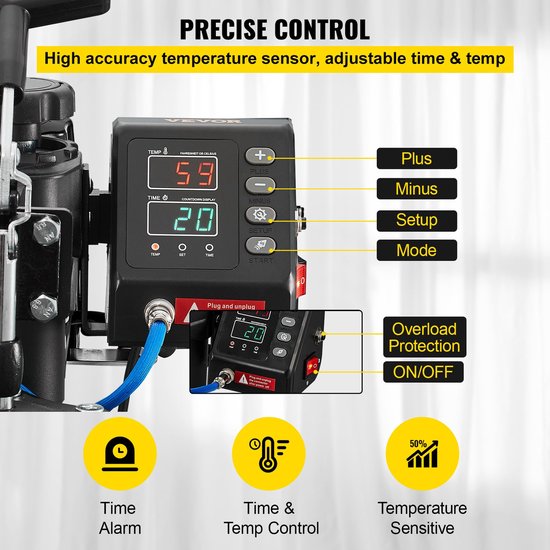 Presa termica Corenia QRE-1025989, 10-in-1 pentru tricouri, cani, sepci si pixuri, placa 30x38 cm, 1000W, 220V, swing-away, negru/albastru