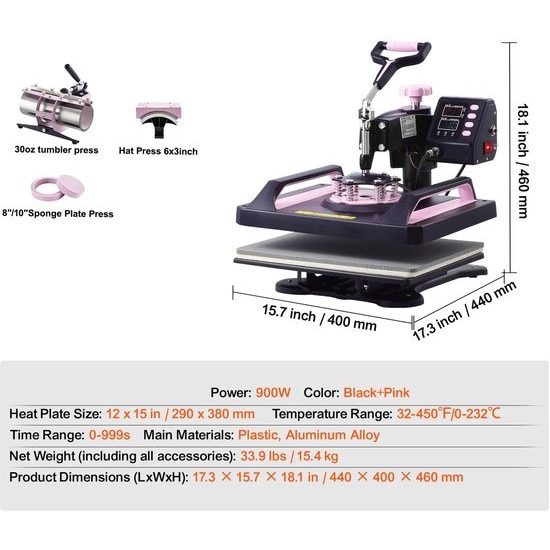 Presa transfer 5‑in‑1 Corenia QRE-1026013, 12 x 15 inch (30 x 38 cm), platou teflonat, termostat digital pana la 250°C si timer, roz cu accente negre