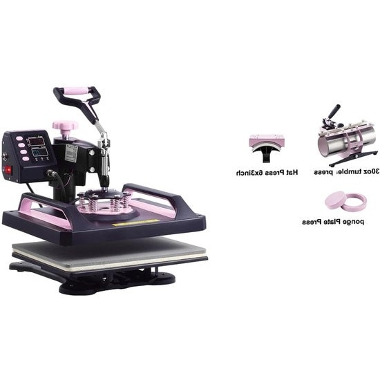 Presa transfer 5‑in‑1 Corenia QRE-1026013, 12 x 15 inch (30 x 38 cm), platou teflonat, termostat digital pana la 250°C si timer, roz cu accente negre