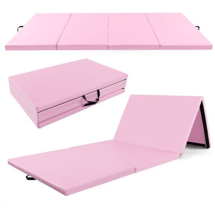 Saltea de fitness pliabila Corenia QRE-1026391, 4 panouri, spuma 5 cm, husa din PU cu fermoar, sistem de prindere velcro si manere, 300 x 117 x 5 cm, roz