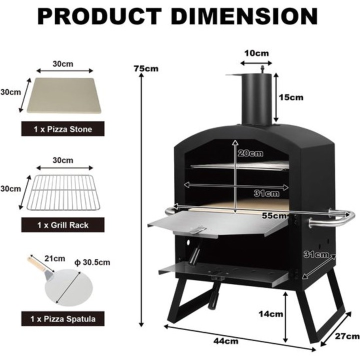 Cuptor pizza exterior Corenia QRE-1026433, multifunctional pe lemn/carbune/pellet, otel vopsit rezistent la intemperii, piatra pizza 30x30 cm + gratar si paleta, negru, pentru pizza O30 cm