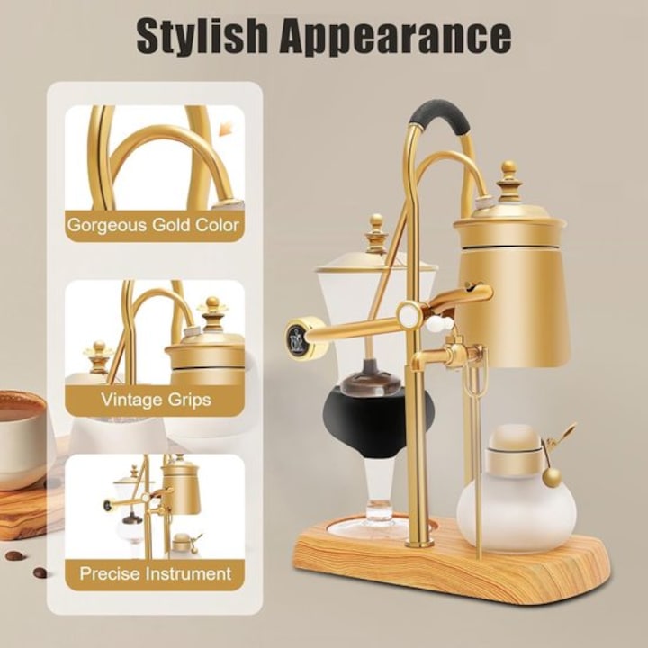 Sifon pentru cafea Corenia Siphon Balance QRE-4306430, borosilicat, titan electroplacat, cu arzator cu alcool si filtru fin, auriu/transparent, 400 ml