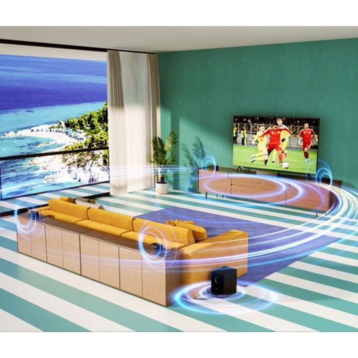 Soundbar Corenia QRE-4417483 7.1 cu Dolby Atmos, 500 W, subwoofer wireless 16,5 cm, 4 difuzoare surround cablate, HDMI eARC, negru