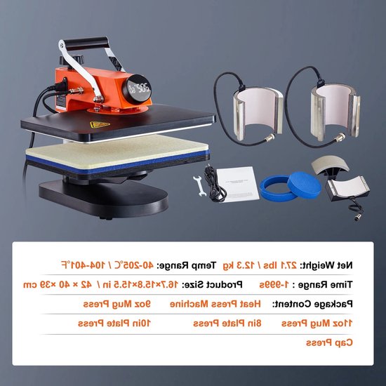 Presa termica pentru sublimare 6-in-1 Corenia QRE-1025983, platou 38x30 cm, afisaj digital, element de incalzire mica, brat rotativ 360°, portocaliu/negru