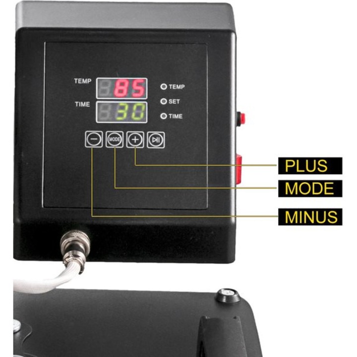 Presa termica 8‑in‑1 Corenia QRE-4381872, platou 38x38 cm, 1250 W, teflonata, digitala, set accesorii pentru cani si sepci, negru/argintiu
