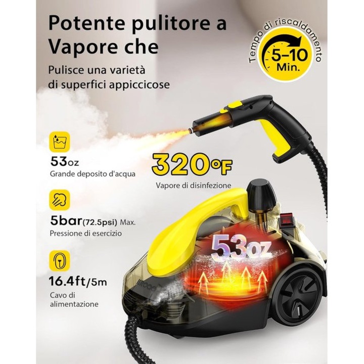 Aparat de curatat cu aburi Corenia QRE-1018503, pana la 160°C, 5 bar, rezervor 1,5 L, 23 accesorii, galben/negru, 35–50 min functionare