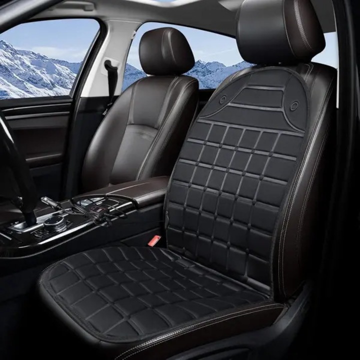 Husa incalzita pentru scaun auto 31CJ-K0274-260906-038, piele si fleece, antiderapant, universal, negru, 52x42x48 cm