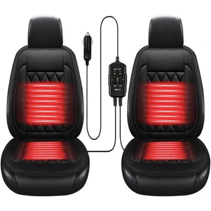 Perne incalzitoare pentru scaun auto, 12V, 2 trepte, set 2 buc., alimentare la bricheta, universal, material respirabil, model 31CJ-K0274-260906-192, negru