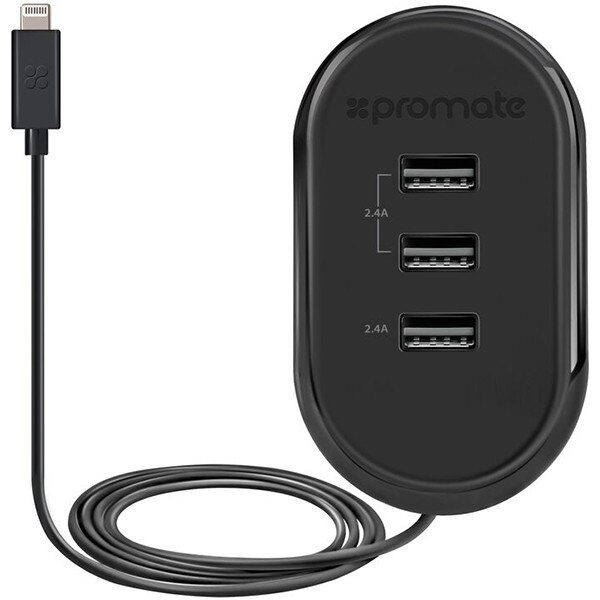 Incarcator retea 3 porturi,cablu Lightning, PROMATE Tornado 3LT, Negru