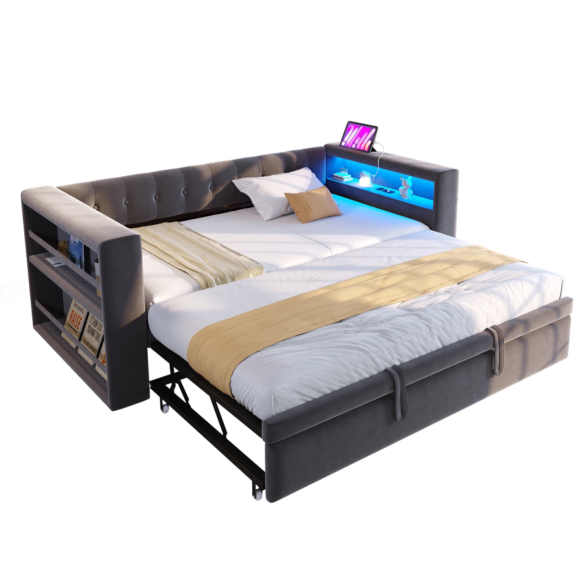 Pat extensibil tapitat 90/180x190 cm cu LED, prize si spatiu amplu de ...