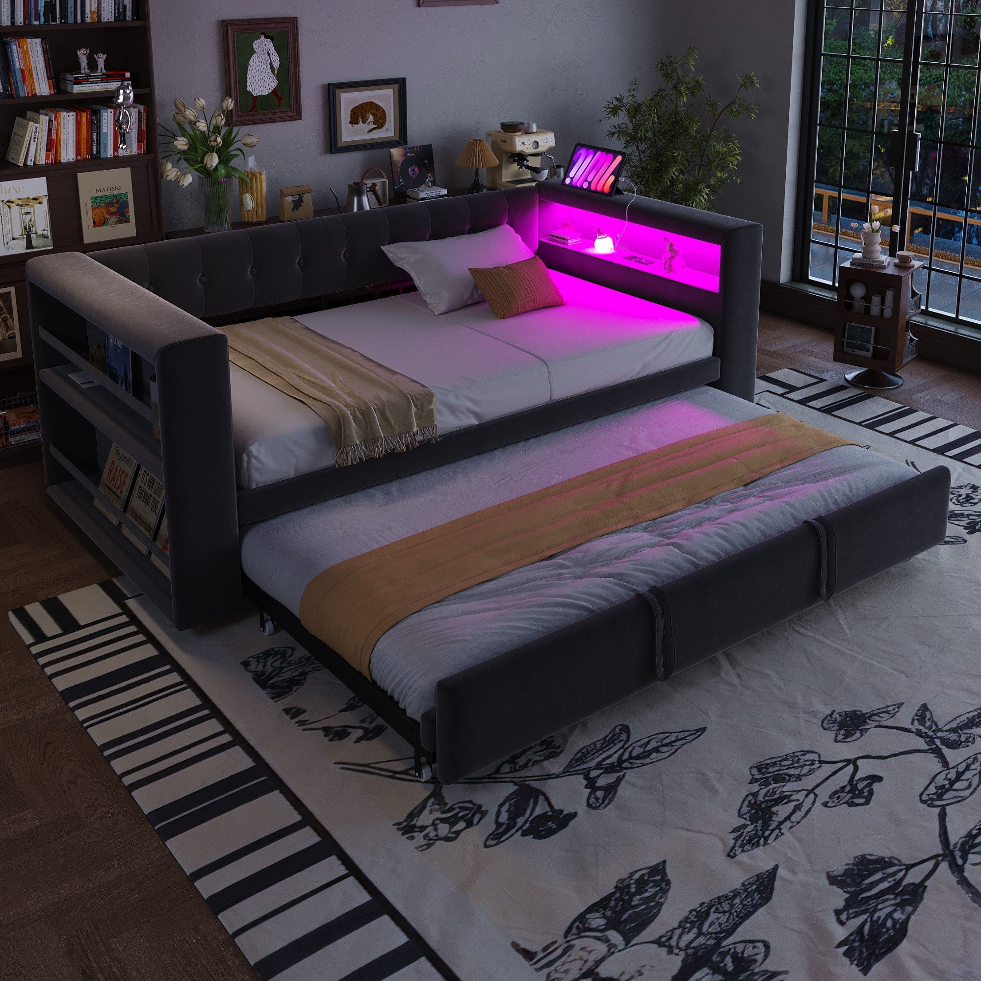 Pat extensibil tapitat 90/180x190 cm cu LED, prize si spatiu amplu de ...