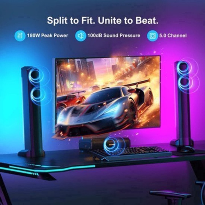 Soundbar Corenia QRE-2000151 5.0 canale, 180W peak, Bluetooth 5.3, HDMI-eARC, optic, AUX, USB, canal central detasabil, iluminare RGB, control prin aplicatie, negru