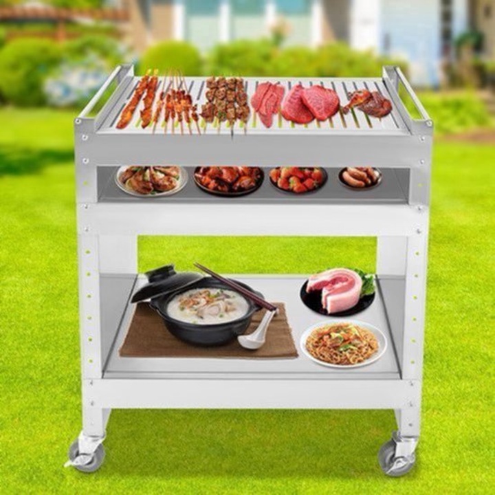 Carucior pentru gratar Corenia QRE-2000141, otel inoxidabil 201, 3 nivele reglabile 18-60 cm, capacitate 30 kg, 59 x 40,5 x 82 cm, 4 roti (2 cu frana), argintiu